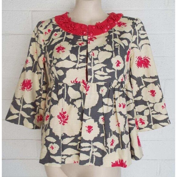 Nanette Lepore 4 Gray Cream Coral Beaded Floral High Waist Lined Jacket - Picture 1 of 3